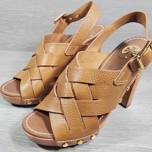 Tory Burch  Woven Leather Chunky Wooden Platform